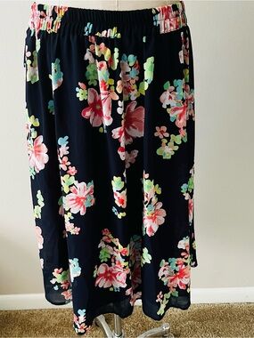 Charter Club Navy Floral Midi Skirt with Pink & Green Blooms
